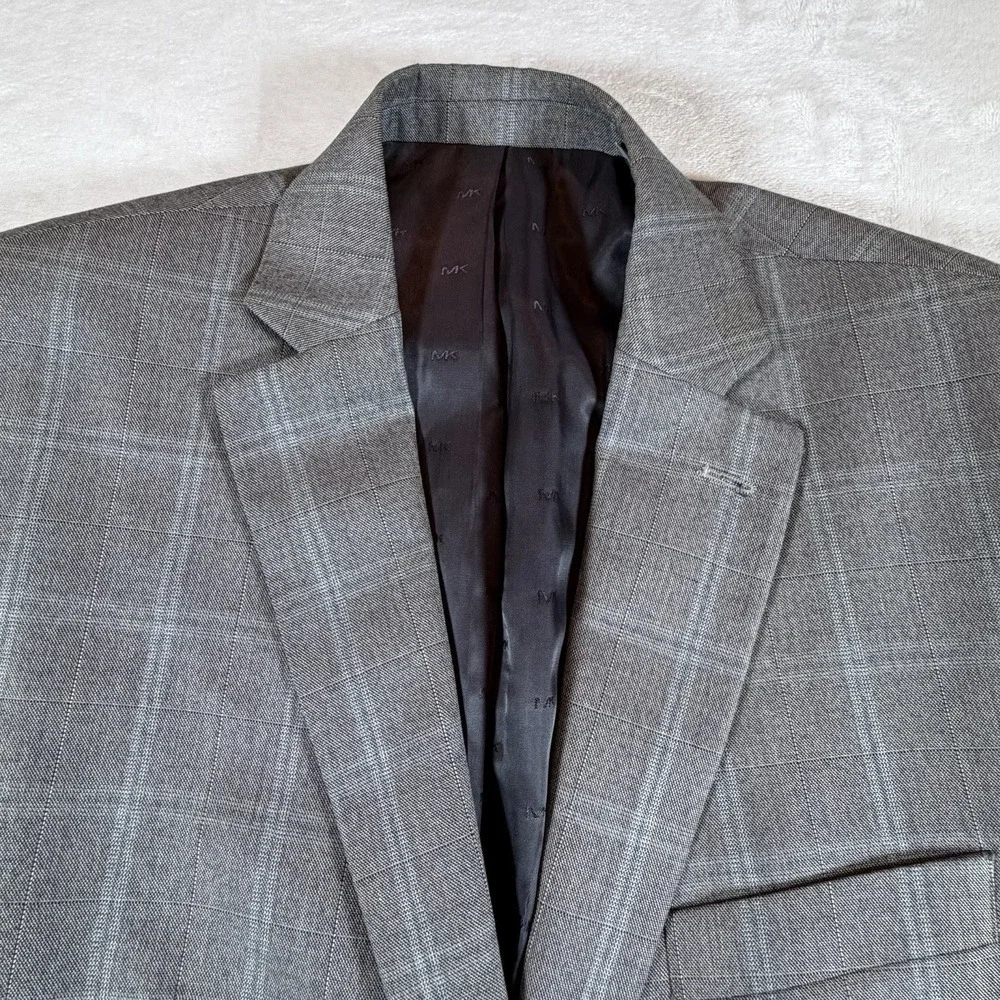 Michael Kors Mens Sz 42R Modern Fit Wool Blend Plaid Suit Jacket Light Grey Blue